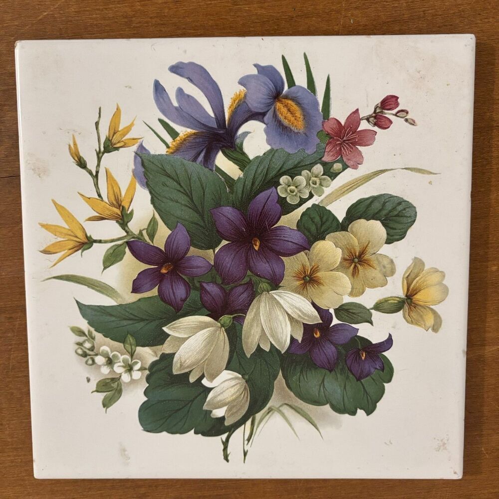 Vintage 80s Cottagecore Farmhouse Floral Arrangement Tile Wall Decor